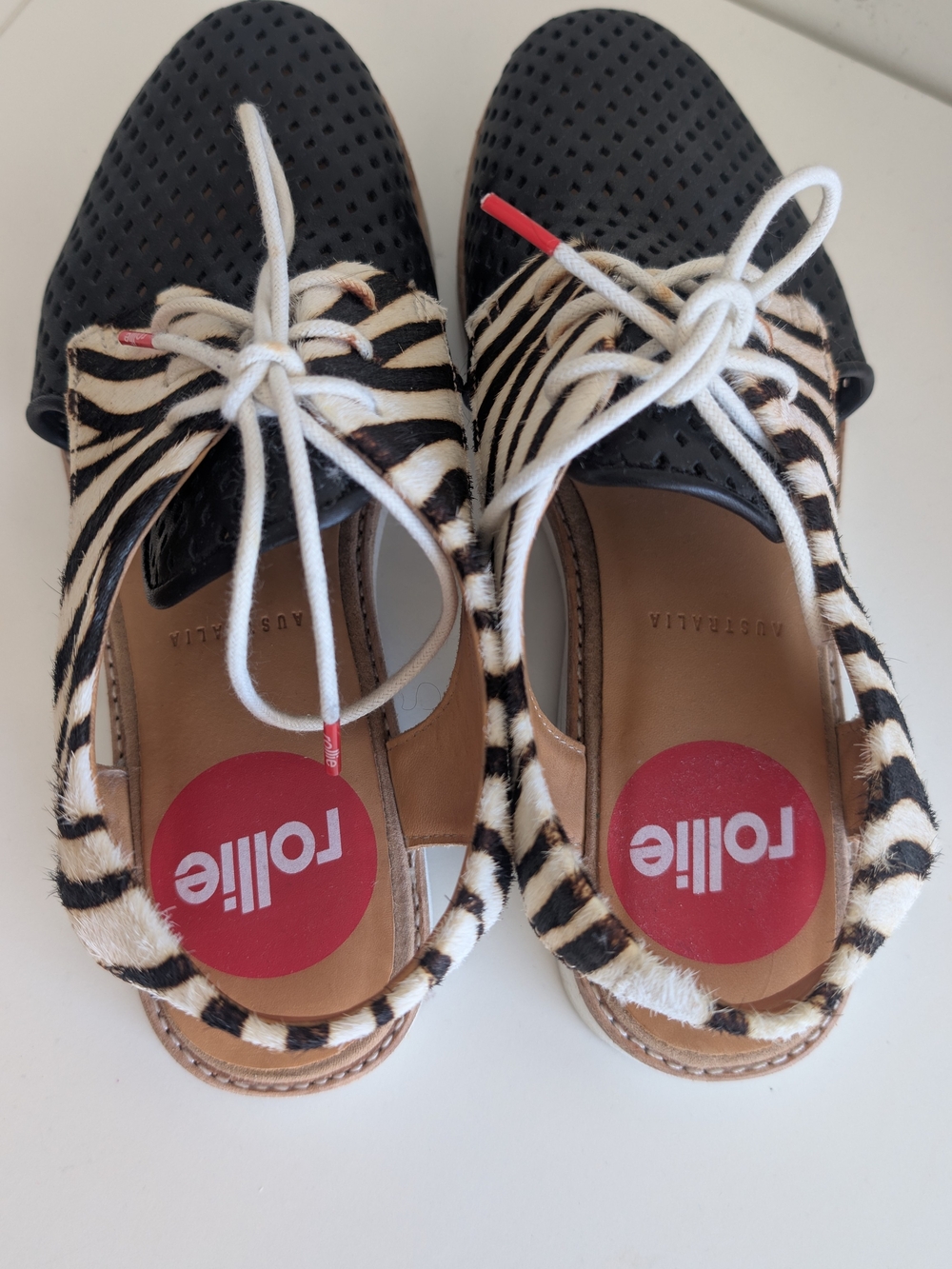 2 Pairs Australian Brand Rollie Zebra-Accent Lace-Up Flats in Black and White - Picture 2 of 12
